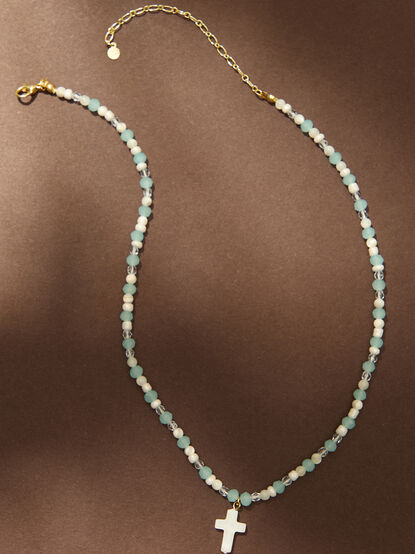 Blue Glass Bead Cross Necklace - TULLABEE