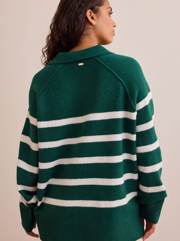 Cozy Compass Striped Collared Pullover Detail 5 - TULLABEE