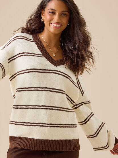 Elise Striped V-Neck Sweater - TULLABEE