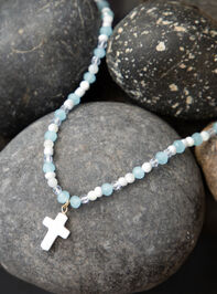 Blue Glass Bead Cross Necklace - TULLABEE