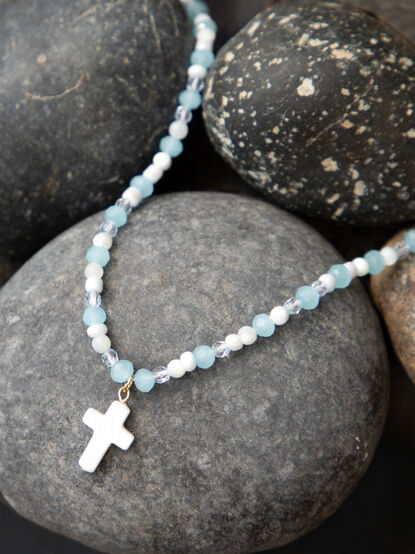 Blue Glass Bead Cross Necklace - TULLABEE