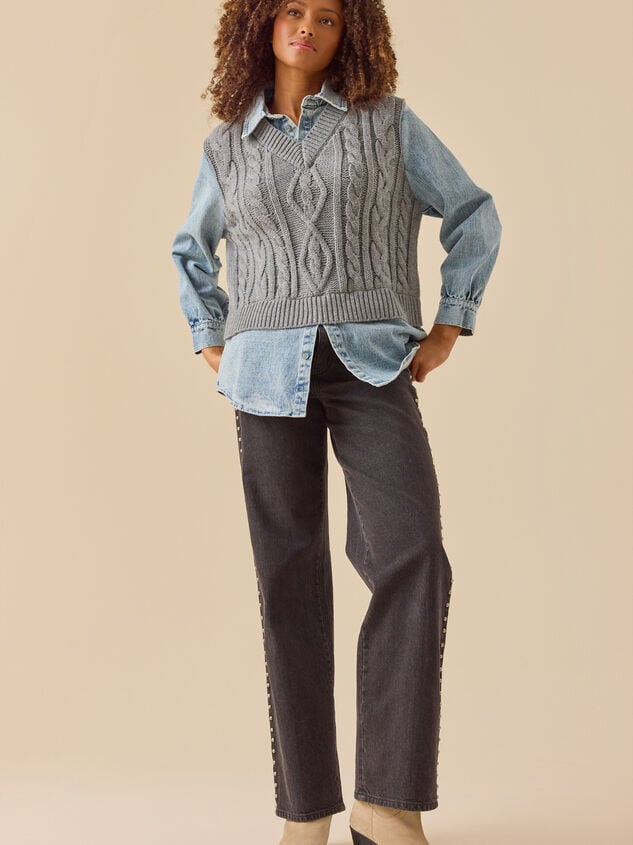 Amanda Cable Denim Mixed Pullover Detail 3 - TULLABEE
