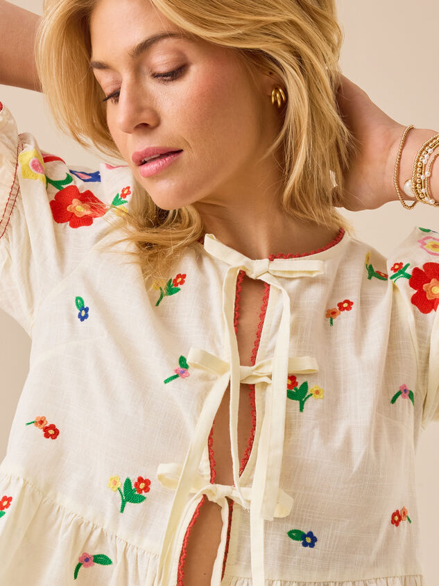 Rosalie Tie Front Embroidered Top Detail 3 - TULLABEE