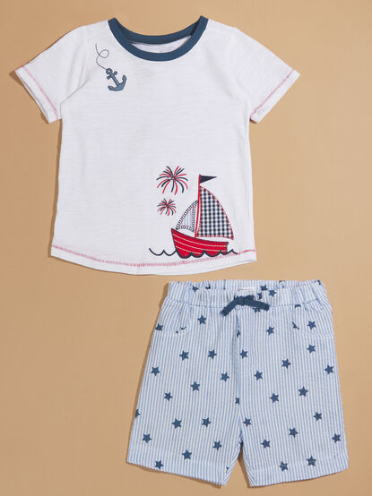 Sailboat Tee and Striped Shorts Set by Mudpie - TULLABEE