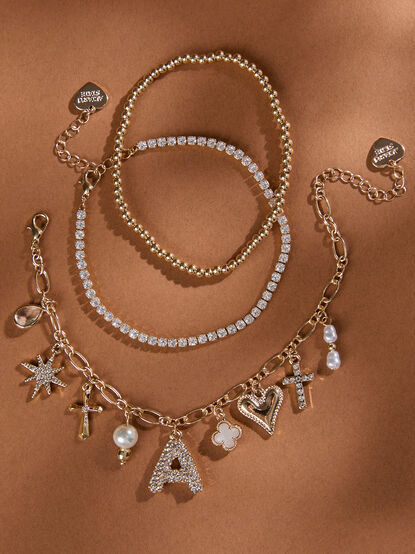 Bubble Monogram Charm Bracelet Set - A - TULLABEE