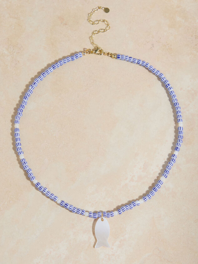 Blue and White Painted Fish Charm Necklace Detail 2 - TULLABEE