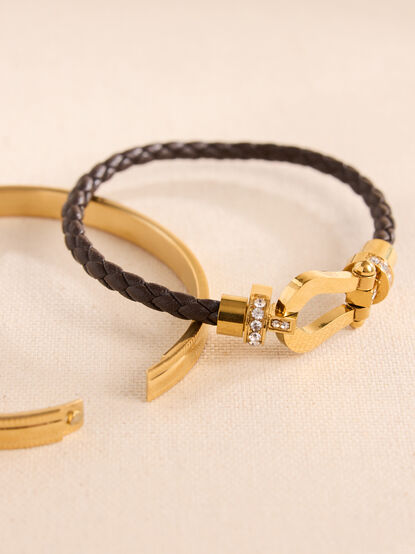 Stainless Steel Leather Woven Bangle Set - TULLABEE