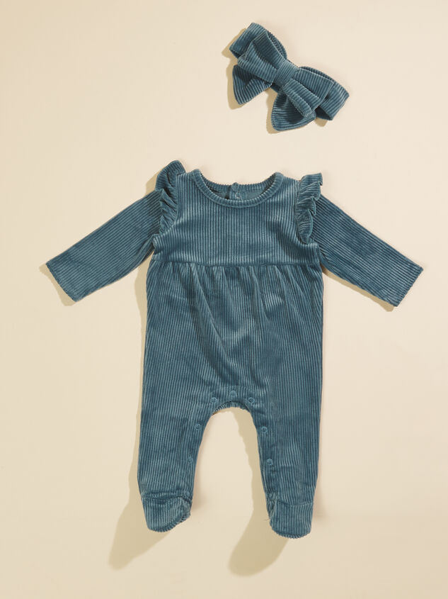 Allie Ribbed Velour Footie and Bow Set by MudPie Detail 2 - TULLABEE