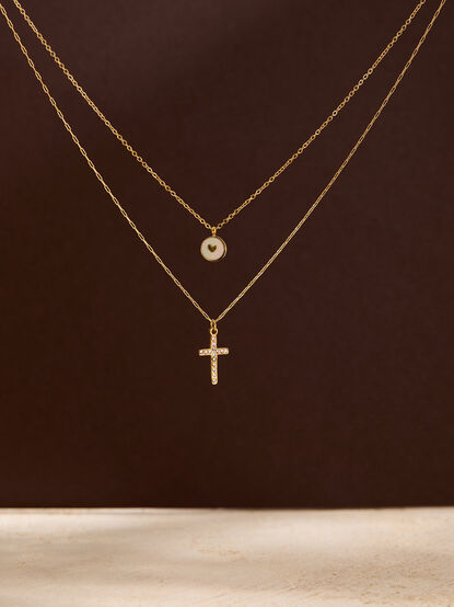Stainless Steel Layered Cross Heart Necklace - TULLABEE