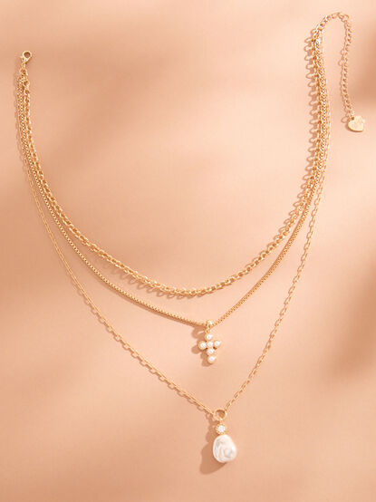 Layered Cross Pearl Charm Necklace - TULLABEE