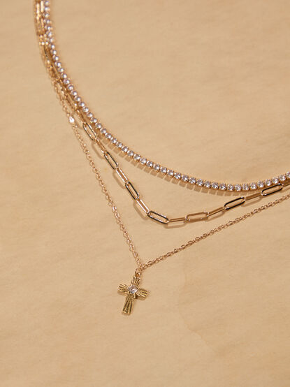 18K Gold Tennis Paperclip Layered Cross Necklace - TULLABEE