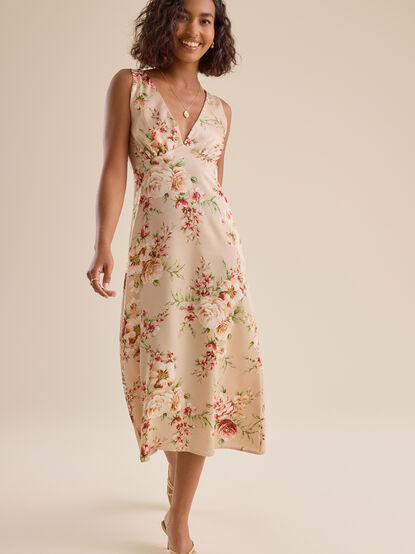 Andie Floral Satin Midi Dress - TULLABEE
