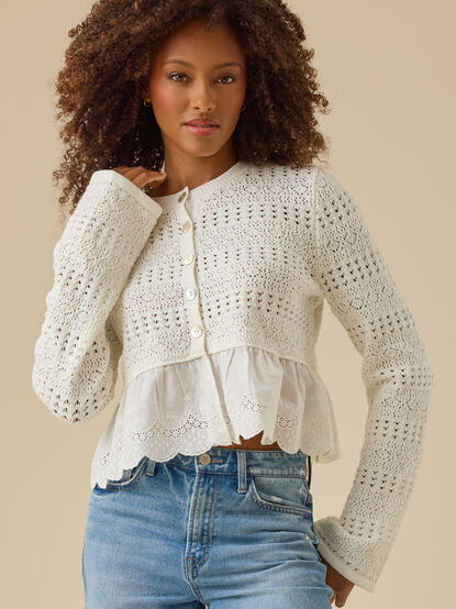 Mabel Pointelle Peplum Cardigan - TULLABEE