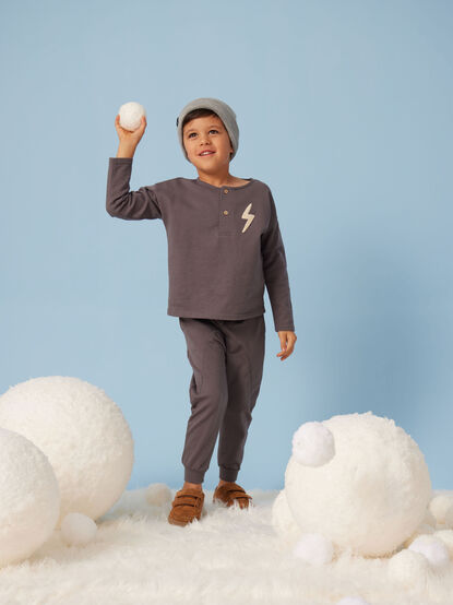 Lightening Bolt Henley Sweatshirt by Rylee + Cru - TULLABEE