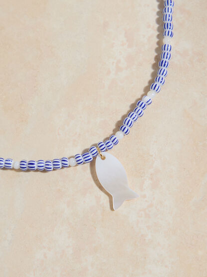 Blue and White Painted Fish Charm Necklace - TULLABEE