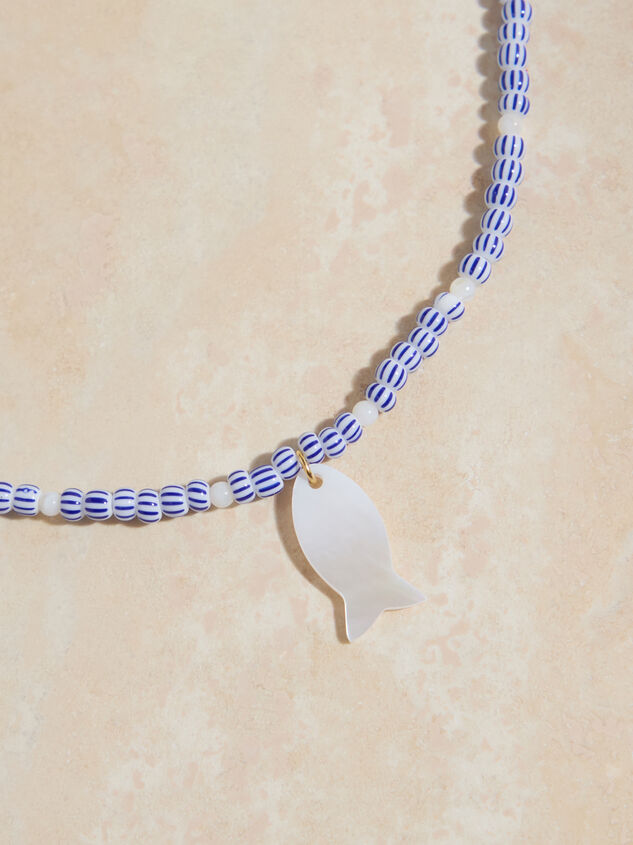 Blue and White Painted Fish Charm Necklace - TULLABEE
