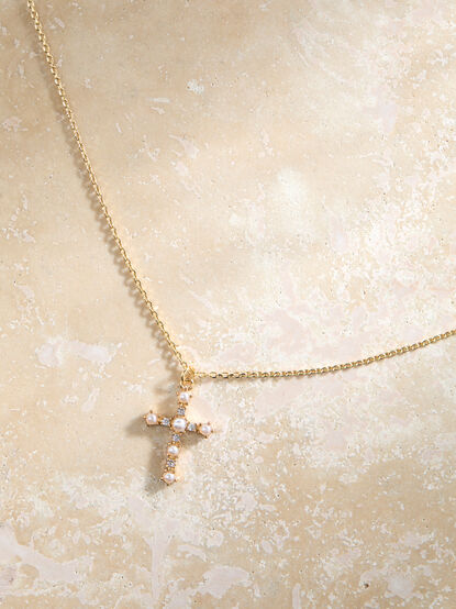 Pearl Cubic Zirconia Cross Necklace - TULLABEE