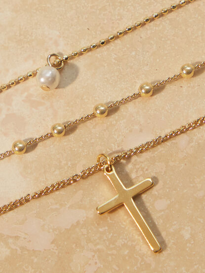 Layered Cross Pearl Necklace - TULLABEE