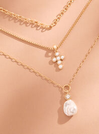 Layered Cross Pearl Charm Necklace - TULLABEE