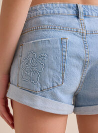 Lani Hibiscus Denim Short Detail 2 - TULLABEE