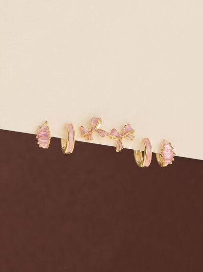18K Gold Pink Bow Mini Hoop Set - TULLABEE