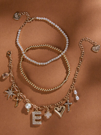 Bubble Monogram Charm Bracelet Set - E - TULLABEE