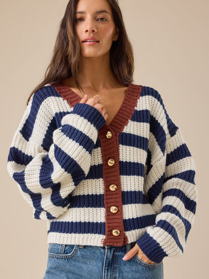 Leah Striped Cable Knit Cardigan - TULLABEE