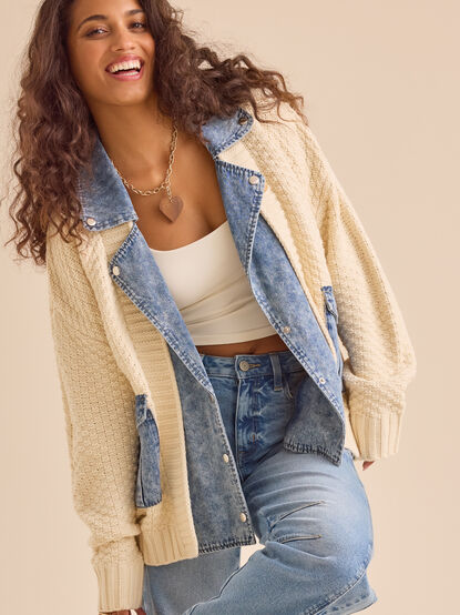 Hadley Cable Denim Mixed Cardigan - TULLABEE
