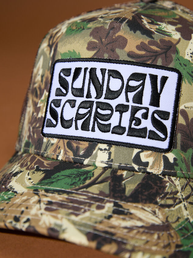 Camo Sunday Scaries Trucker Hat Detail 2 - TULLABEE