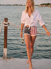 Mary American Flag Denim Shorts Detail 7 - TULLABEE