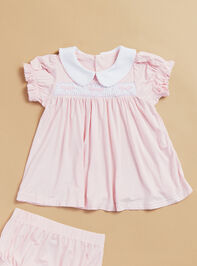 Scottie Classic Bow Smocked Dress and Bloomer Set Detail 2 - TULLABEE
