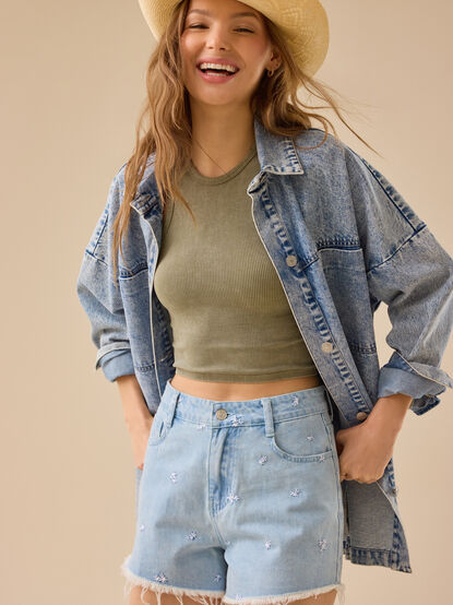 Elyse High Rise Denim Shorts - TULLABEE