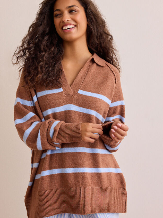 Cozy Compass Striped Collared Pullover Detail 2 - TULLABEE
