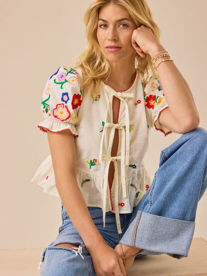 Rosalie Tie Front Embroidered Top - TULLABEE