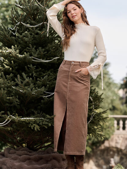 Gabrielle Corduroy Midi Slit Skirt - TULLABEE