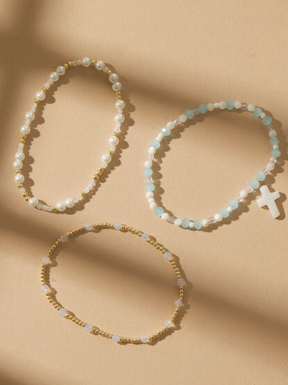 Blue Glass Bead Cross Bracelet Set - TULLABEE