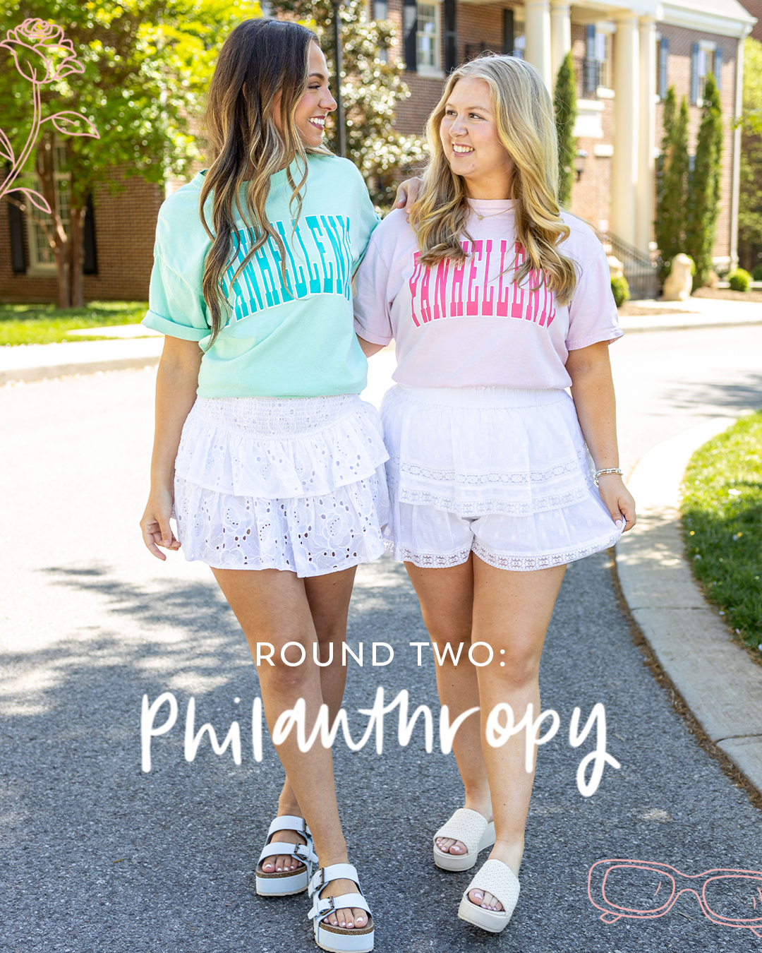 Two women wearing rush t-shirts and white skirts